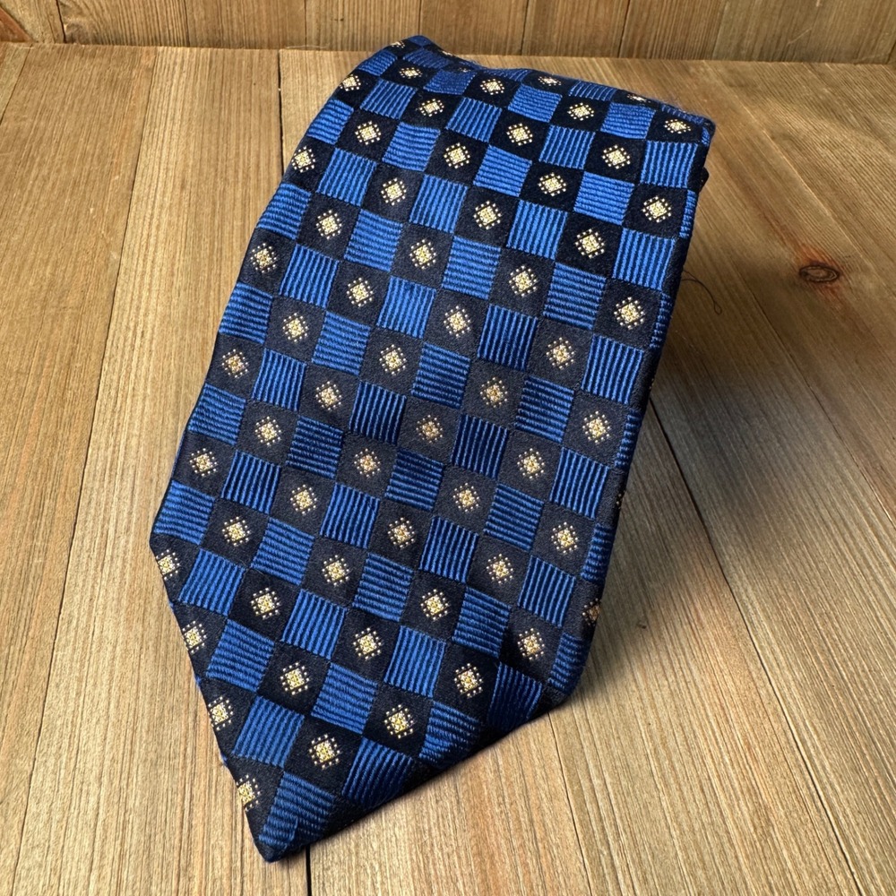 Lands' End Mens Long Silk Necktie Blue Black Checker Diamond Pattern Business